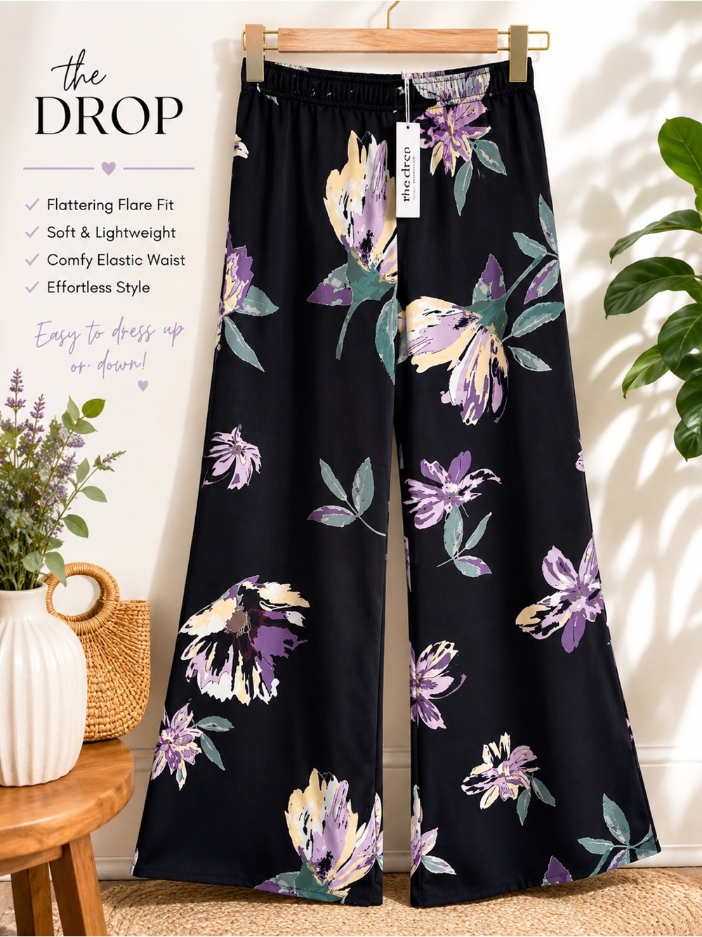 The Drop Black Floral Wide Leg Palazzo Pants | High Rise | Size Small